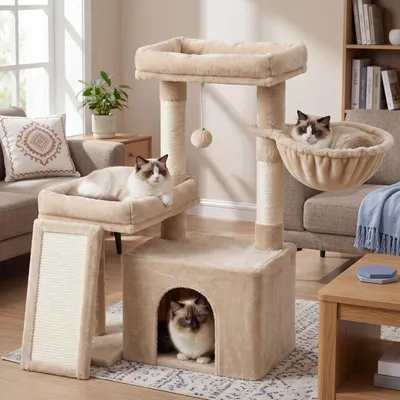 Produktbild von FEANDREA Kratzbaum mit Katzenhöhle, Hängematte und Kratzbrett 60 x 40 x 85,8 cm Beige