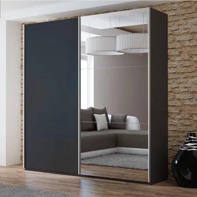Produktbild von Krudox PRV Kleiderschrank Schiebetür Schwarz 200 cm mit Spiegel 2 Kleiderstangen Schlafzimmer Schrank