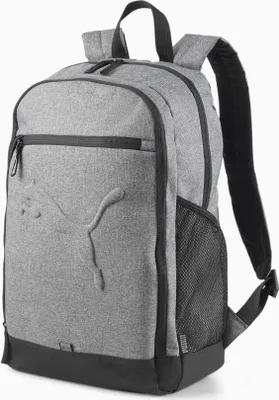 A gray Puma backpack is shown against a white background.