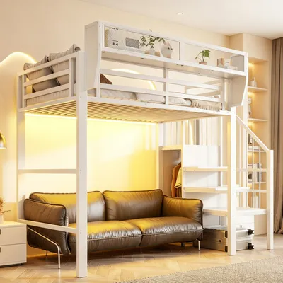 Produktbild von STILVORA Hochbett 90x200 cm mit LED-Lichtleiste aus Metall, Etagenbett mit Sicherheitsleiter, Erwachsenenbett mit flexiblem Stauraum Weiß