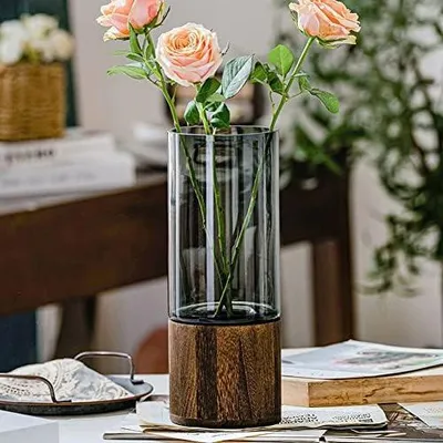 Produktbild von Glas Blumenvase Modern Zylinder Vase Handgefertigte kristallklare Glasvase mit Holzsockel Blumenblume Pflanzenbehälter für Home Office Dekor, Geschenk für Hochzeit Einweihungsparty feiern Höhe 31 cm