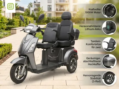 Produktbild von E-Seniorenmobil Billy 2.0, Lithium-Akku, 3-Rad, 1000 Watt, Komfort-Sitz, Grau