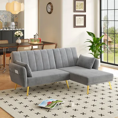 Obrázek produktu pro MODFU, šedá, L-tvarová pohovka, klasická pohovka s chaise longue, rohová pohovka s třístupňovým nastavením opěradla a skrytými podpěrnými nohami, rozkládací pohovka s úložnými kapsami, samet