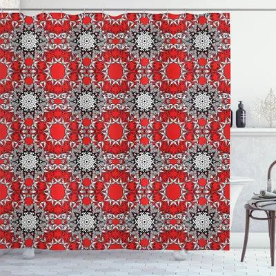 Obrázek produktu pro ABAKUHAUS Mandala sprchový závěs, čmáranice květiny víry kmen etnický kaleidoskop etnický styl ilustrace, 175 x 220 cm, oranžová bílá a černá