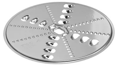A close-up, isolated shot of a metal food processor disc.