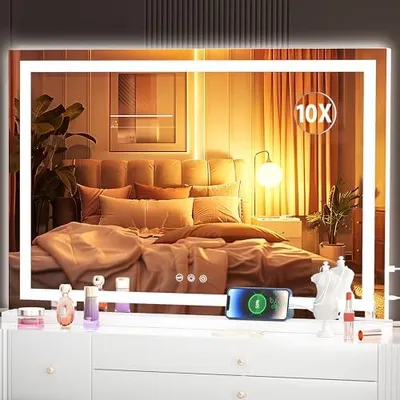 Produktbild von Hashipu-Kosmetikspiegelbeleuchtung, 80 x 50 cm LED-Make-up-Spiegel, beleuchtetes Make-up-dimmbare 3 Modi, Touchscreen-Steuerung, Quadrat, Weiß