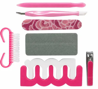 Immagine prodotto di Set di accessori per manicure separatore lima pinzette raschietto rosa, Immagine generata dall'IA