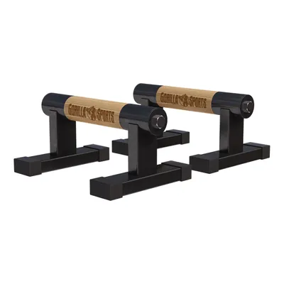 Immagine prodotto di Impugnature per flessioni GORILLA SPORTS® - legno, acciaio, fino a 300 kg, con borsa per il trasporto - attrezzatura per calisthenics, parallele, impugnature per verticale, barre per flessioni