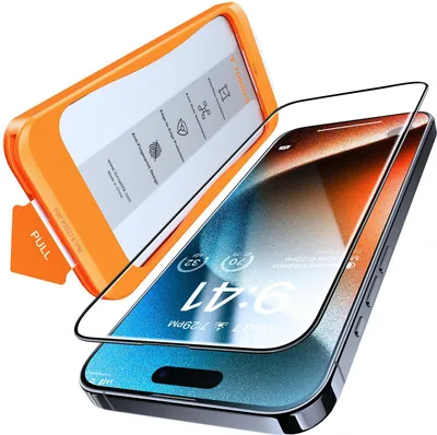 A screen protector is shown being applied to a smartphone using an orange installation frame.