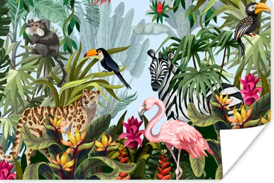 Produktbild von MuchoWow® Poster Dschungel - Natur - Jungen - Mädchen - Kinder - Zebra - Flamingo 120x80 cm - Bilder