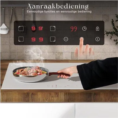 Immagine prodotto di Piano cottura a induzione a 4 zone da 3500 W - Bianco - Da incasso 59 cm - Comandi touch - 9 livelli di potenza - Blocco di sicurezza - Alimentazione 220 V