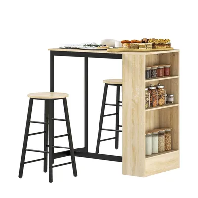 Produktbild von 3-tlg Bartisch-Set mit Küchentisch und 2 Stühle Stauraum für Esszimmer Küche Hellbraun+Schwarz