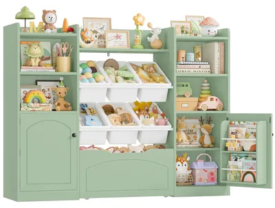 Immagine prodotto di Scaffale per cameretta - Contenitore per giocattoli e libreria - Legno, 15 scomparti, 8 contenitori rimovibili, 1 cassetto, 140,5x33x108,2 cm - Verde