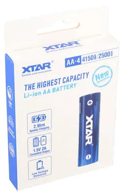Zdjęcie produktu dla Akumulator litowo-jonowy XTAR 1,5 V AA – zestaw 4 sztuk typu Mignon LR6 2500 mAh / 4150 mWh z wskaźnikiem naładowania