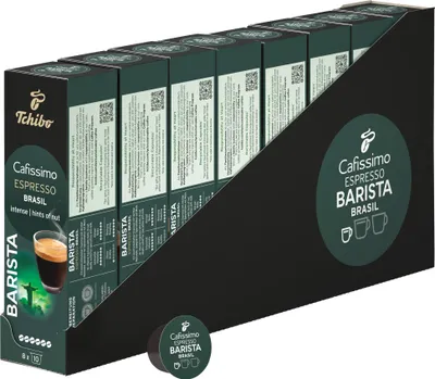 Produktbild von Tchibo Cafissimo Vorratsbox Espresso Brasil Kaffeekapseln, 80 Stück – 8 x 10 Kapseln (Espresso, ausdrucksstark mit Nussnote), nachhaltig & fair gehandelt