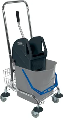A cleaning trolley with a bucket and mop wringer.