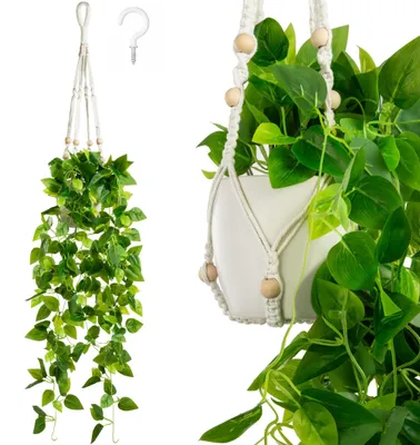 Image de Plante artificielle en forme de lierre, présentée dans un pot avec une décoration suspendue en macramé