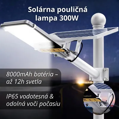 Obrázok produktu pre Solárna pouličná lampa 300W s 8000mAh batériou – Hliníkové LED svetlo, IP65 vodeodolné, so solárnym panelom & diaľkovým ovládaním – Záhrada, garáž