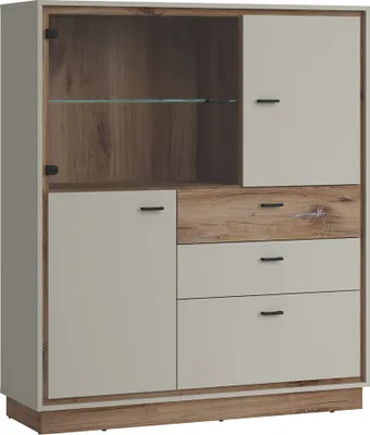 Produktbild von Vitrine Highboard in Flagstaff Eiche Nb. und grau RAMVIK-129, B/H/T ca. 124/143/40 cm