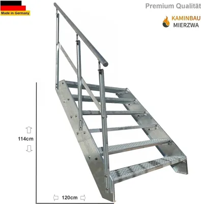 A galvanized steel staircase with a handrail, shown against a white background with measurement indicators.