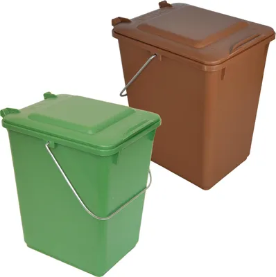 Two compost bins, one green and one brown, are shown against a white background.
