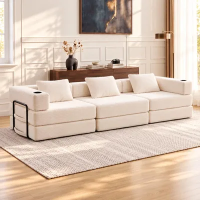 Produktbild von Modulares Cord-Sofa 3-Sitzer in Cremeweiß Wohnlandschaft mit Getränkehalter & Metallrahmen, Flauschiges Cord-Sofa für Wohnzimmer,Modernes U-Sofa