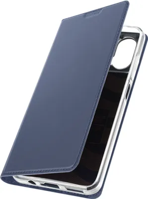A dark blue flip case for a smartphone is shown from a diagonal angle, with the flip cover partially open.