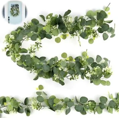Produktbild von 2 Stück Eukalyptus Girlande 1.8m, Künstliche Girlanden Eukalyptus, Blumengirlande mit Weiße Blumen Blumen Girlande, Blätter Girlande, Künstliche Pflanze Girlande Grün, für Hochzeit Zuhause Deko