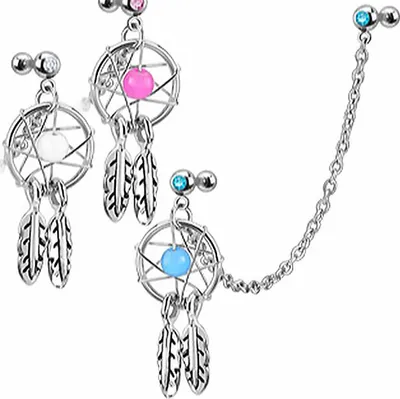 Produktbild von Traumfänger Ohr Piercing Stecker mit Kette Tragus Helix Cartilage Dream Catcher Feder türkis