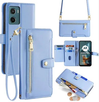 Produktbild von Handykette Hülle für Motorola Moto G05 / Moto E15 mit Band Handyhülle Kartenfächer Kunstleder Umhängetasche in Hellblau