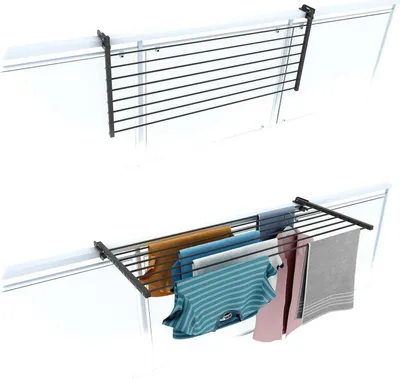 A product image showing a clothes drying rack mounted on a railing, both empty and with clothes on it.