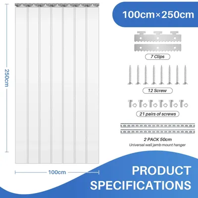 Produktbild von PVC Streifenvorhang - Türvorhang - 100 x 250 cm - 7 Streifen - Transparent - Wind- und wasserdicht - Hakenbefestigung - Für Türen und Kühlraum