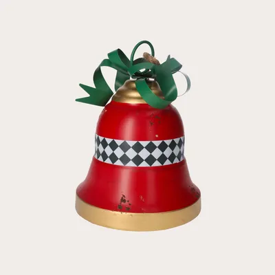 Image de KEYHOMESTORE | Cloche de Noël rouge en métal avec un nœud vert