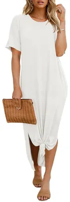 Produktbild von Imily Bela Damen Sommer T-Shirt Kleid Lässiges Maxikleid mit überschnittenen Schultern, Rundhalsausschnitt, lockerem Schnitt, Seitenschlitz und Taschen