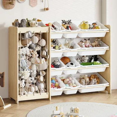 Spielzeug-Organizer 2-in-1, 12 Behälter, Kiefernholz, 120x28x80 cm