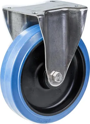 Immagine prodotto di ruota fissa in acciaio inox da 200 mm con gomma elastica blu su ruota centrale in nylon