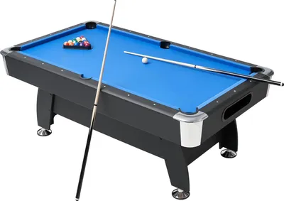Zdjęcie produktu dla Stół bilardowy – stół do pool 213 cm – regulowane nóżki – kompletny zestaw z bilami, kijami, stojakiem, kredą, szczotką – do domu i rekreacji – czarny z niebieskim suknem
