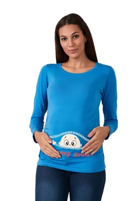 Imagen del producto de Camiseta premamá manga larga coming soon – ropa premamá mujer, 95% algodón, azul marino, talla L
