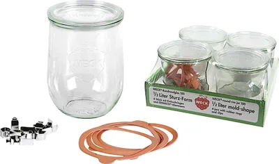 Produktbild von WECK Rundrandglas Tulpe 1 l 4er Tray mit Deckel 100mm, Ring und Klammern