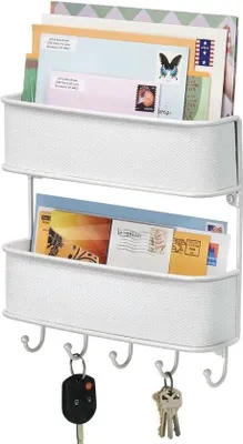 Produktbild von Famanu Schlüsselregal mit Ablage - Vielseitiges Metallregal mit Kunststoff-Gitterakzenten - mit 2 Fächern für Post und Zeitschriften - Weiß