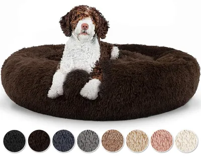 Image de Lit pour chien rond, forme de donut, en peluche, avec housse amovible et lavable en machine, couleur marron, dimensions : 90x90x20 cm