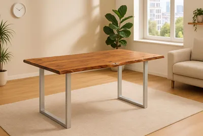 Produktbild von Esszimmertisch 160x85 cm Laurina, Baumkantentisch aus Akazienholz, massiv + nougatfarben, U-Metallgestell Silber, Esstisch mit echter Baumkante