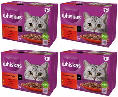 Produktbild von WHISKAS Mahlzeit für Katzen – 48 Frischebeutel (4 Packungen mit 12 x 85 g) – Klassische Mahlzeiten (4 Sorten) Komplettes Nassfutter in Sauce