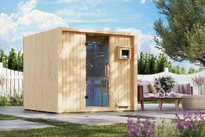 Produktbild von Karibu Saunahaus Außensauna Gartensauna 68mm Elementsauna VENTURA naturbelassen 219x224 cm inkl. 9kW Ofen mit extrner Steuerung