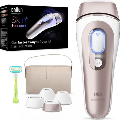 A collection of hair removal products including an IPL device, a razor, a storage bag, and attachments, arranged on a white background.