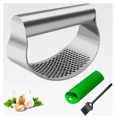 Produktbild von Knoblauchpresse aus Edelstahl mit Silikon Knoblauchschäler