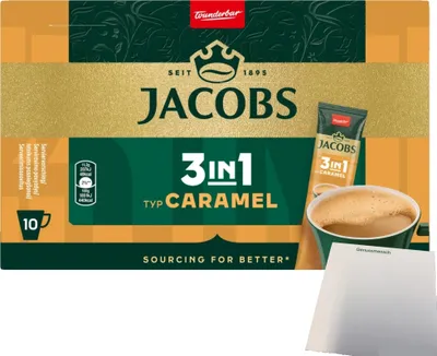 Produktbild von Jacobs 3in1 Löslicher Kaffee-Sticks Caramel 10er (112g Packung) + usy Block