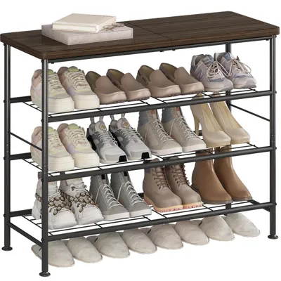 Immagine prodotto di Scaffale per scarpe, 4 ripiani, metallo e MDF, aspetto legno scuro, colore nero, dimensioni 80x30x71,5 cm