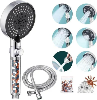 Immagine prodotto di Soffione doccia ad alta pressione con tubo flessibile da 15 m, finitura cromata argento, a risparmio idrico