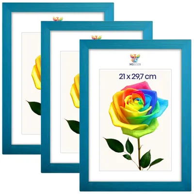 Produktbild von MG Design 3er Set Bilderrahmen Türkis A4 21x29,7 cm - Echtholzrahmen mit Acrylglas, hoch/quer, zum Aufhängen & Aufstellen
